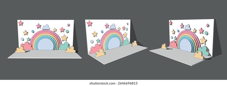Birthday stall modern design, Stage branding and Corporate identity. 3d Realistic vector illustration of studio or exhibition room interior mockup. Birthday, kids, Trade expo.