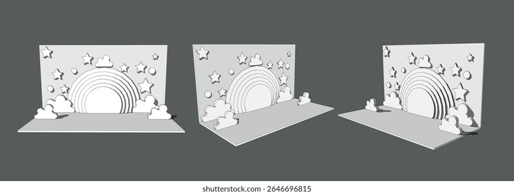Birthday stall modern design, Stage branding and Corporate identity. 3d Realistic vector illustration of studio or exhibition room interior mockup. Birthday, kids, Trade expo.