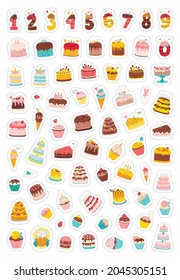 Birthday sticker pack. Collection of holiday illustrations for party, wedding with cakes and cupcakes. Vector hand-drawn doodle in simple cartoon style. The limited palette is ideal for printing