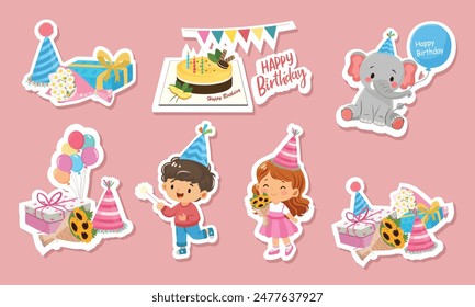 Birthday sticker set. Birthday element. Happy birthday. Birthday cake, little girl, little boy, elephant, gift box, party hat, Flat vector in cartoon style isolated on pink background.