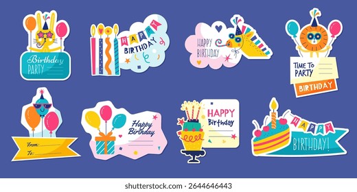 Birthday stickers. Badges with celebration colored funny elements recent vector designs template