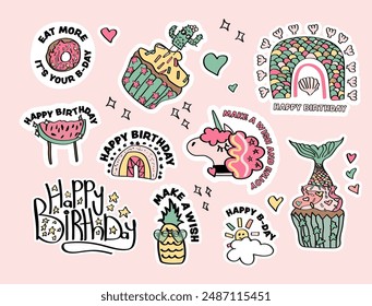 birthday stickers collection with a unicorn head, cupcakes, watermelon and boho rainbows.
