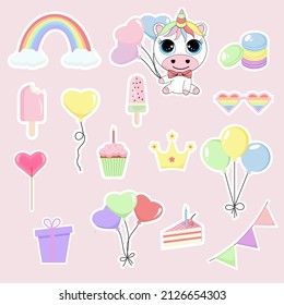 Birthday stickers set in pastel color.
