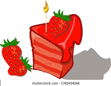 Birthday strawberry cake cut slice.Vector illustration