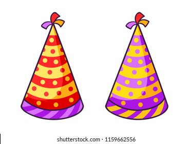 Birthday Striped Colorful Caps. Party Hats. Sticker, Patch, Badge, Pin For Kids, Children, Babies. Vector Illustration.