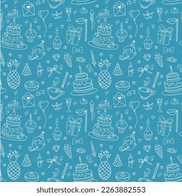 Birthday supplies pattern, festive wallpaper. Celebratory doodle festival background, candles and cakes, gift box. Holiday elements. Decor textile, wrapping paper, vector tidy seamless texture