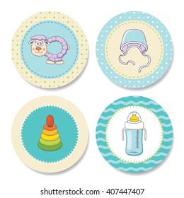 Birthday supplies. Set of colorful stickers with baby's accessories for a boy's birthday party design