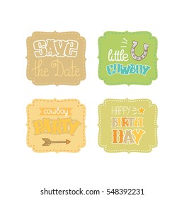 Birthday supplies. Set of colorful stickers in western style for a boy's birthday party design