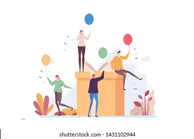 Concepto de ilustración vectorial de la celebración del cumpleaños con pueblos sosteniendo globos y cajas de sorpresas, adecuado para página de inicio, ui, web, tarjeta de introducción de la aplicación, editorial, volante y banner.