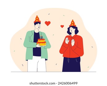 Birthday surprise from lover, happiness vector illustration.