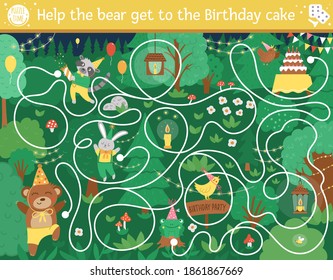 Birthday surprise party maze for children. Preschool holiday printable educational activity. Funny puzzle with cute woodland animal. Help the bear get to the Birthday cake. Forest game for kids. 
