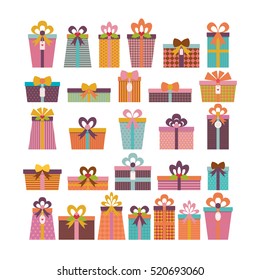 Birthday surprise. Set of different gift boxes. Colorful wrapped gift boxes. Flat design. Christmas presents. Vector illustration