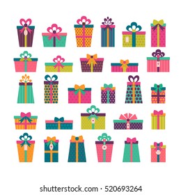 Birthday surprise. Set of different gift boxes. Colorful wrapped gift boxes. Christmas presents. Flat design. Vector illustration