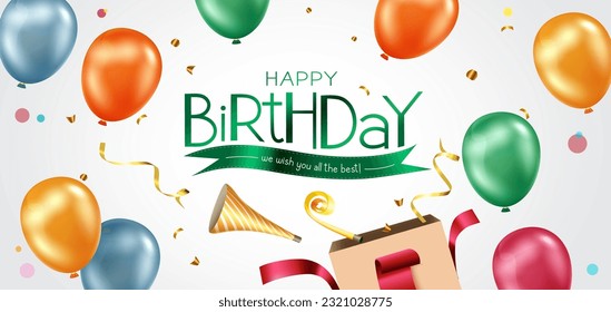 Birthday surprise vector background design. Happy birthday text with colorful floating balloons and gift box element for birth day greeting banner. Vector illustration. 