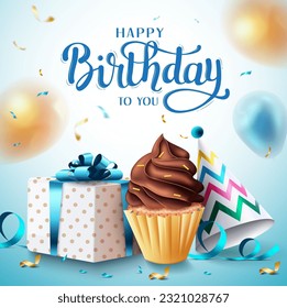 Birthday surprise vector concept design. Happy birthday text with celebration elements of cupcake, gift, party hat for birth day occasion messages. Vector illustration.