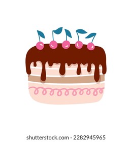 Birthday sweet cake with cherry and chocolate cream, vector party baby kids simple flat dessert doodle illustration