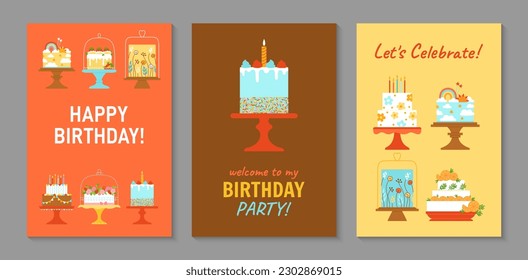 Birthday sweet cakes postcard set. Birthday party desserts, celebration, congratulations, invitation concept. Card, cover with delicious cupcake, bakery pastries cartoon collection vector design