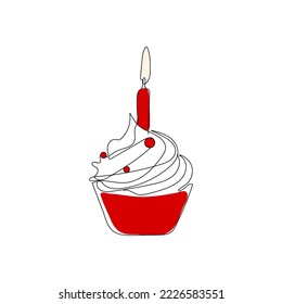 Birthday sweet cupcake with cream and candle. Hand drawn celebration dessert. One single line vector illustration.