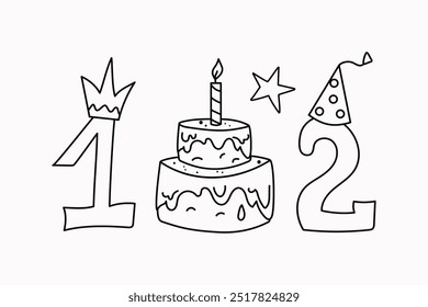 Birthday. Sweet food, cake, candles, cap, crown, numbers. Number 1, number 2. Set of cute icons, cartoon birthday attributes. Children's party, magic doodles, star drawings, heart.