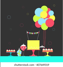 Birthday sweet table with  balloons. Candy Buffet with cake. Dessert bar. Vector illustration.