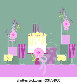 Birthday sweet table with cake and flowers. Vector illustration.