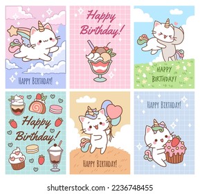 Birthday sweets cards. Kids party invitations, greeting banners, fairy little unicorns kittens with sweet desserts and gifts, kawaii pets design, tidy vector cartoon flat posters set