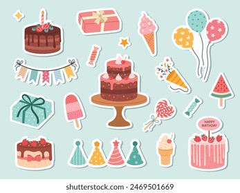 Dulces de cumpleaños. Conjunto de pegatinas de Vector