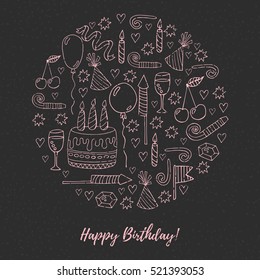 Birthday symbols in circle greeting card with hand drawn doodles pink and black