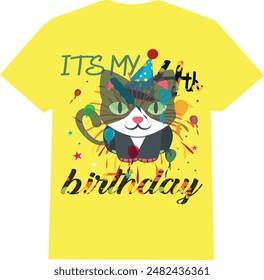 birthday t shirt| cats birthday \ its my b day|stars and cat | yellow t shirt with cut cat|