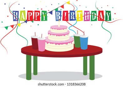 Birthday table with cake, drinks and candles, confetti and streamers.