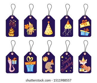 Birthday tags for holiday items. Cartoon style. Vector