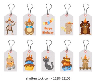 Birthday tags for holiday items with cute animals. Cartoon style. Vector
