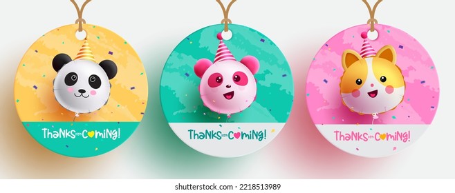 Birthday tags vector set design. Thanks for coming text in souvenirs lay out tag for thank you card collection. Vector Illustration.