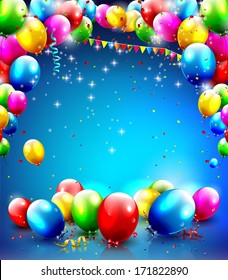 Birthday template with balloons and confetti on blue background 