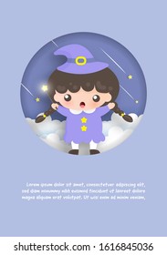 Birthday template card with cute witch standing on the clouds.