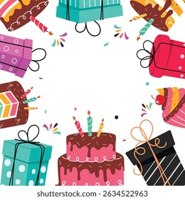 Birthday template clipart border design. Happy birthday greeting card template with colorful gift boxes, cake and cupcake elements clip art in white blank empty frame background vector illustration.
