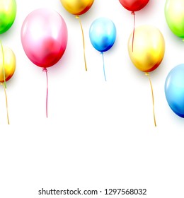 Birthday template with colorful birthday balloons and confetti on white background. Space for your text