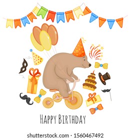 Birthday template with teddy bear for holiday card or invitation. Cartoon style. Vector illustration