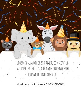 Birthday template for text with cute animals. Cartoon style. Vector illustration