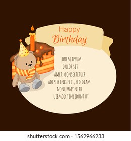 Birthday template for text with teddy bear. Cartoon style. Vector illustration
