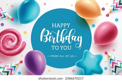 Birthday template vector background design. Happy birthday text in blue circle space with balloons and party hat elements for birthday messages. Vector illustration.
