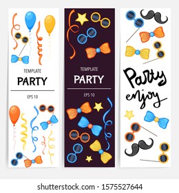 Birthday templates for text with holiday attributes. Cartoon style. Vector illustration