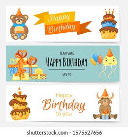 Birthday templates for text with holiday attributes. Cartoon style. Vector illustration