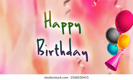 Birthday text vector design. Happy birthday with balloons, confetti and pennants elements for kids party colorful decoration invitation card. Vector Illustration.
