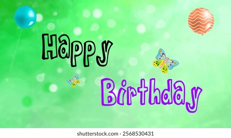 Birthday text vector design. Happy birthday with balloons, confetti and pennants elements for kids party colorful decoration invitation card. Vector Illustration.
