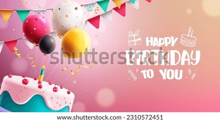 Birthday text vector design. Happy birthday greeting typography with cake and colorful balloons pink background. Vector illustration invitation dedication card.