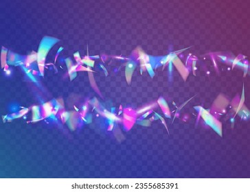 Birthday Texture. Retro Christmas Decoration. Pink Metal Background. Laser Banner. Iridescent Tinsel. Carnival Confetti. Festive Foil. Flying Art. Purple Birthday Texture