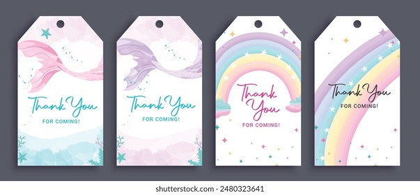 Birthday thank you card vector set design. Thank you gift tags, cards and message lay out collection in magical, fantasy, mermaid theme background celebration. Vector illustration thank you card 