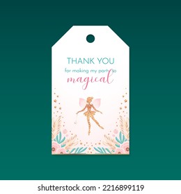 Birthday Thank you tag. Beautiful party favor card background with gold sparkling fairy silhouette and flowers. Vector 10 EPS.