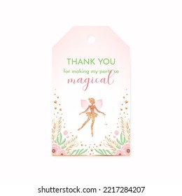 Birthday Thank you tag. Beautiful party favor card background with gold sparkling fairy silhouette and flowers. Vector 10 EPS.